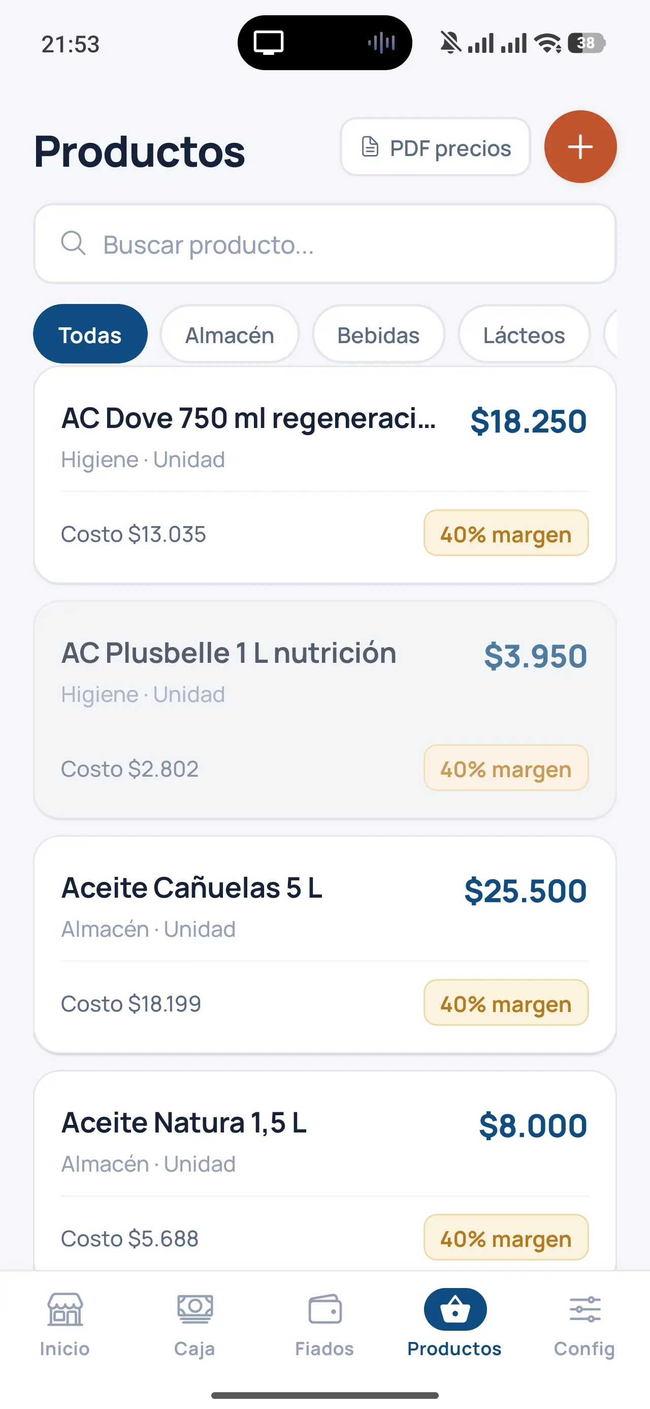 Lista de productos con precios y márgenes en Mi Almacén