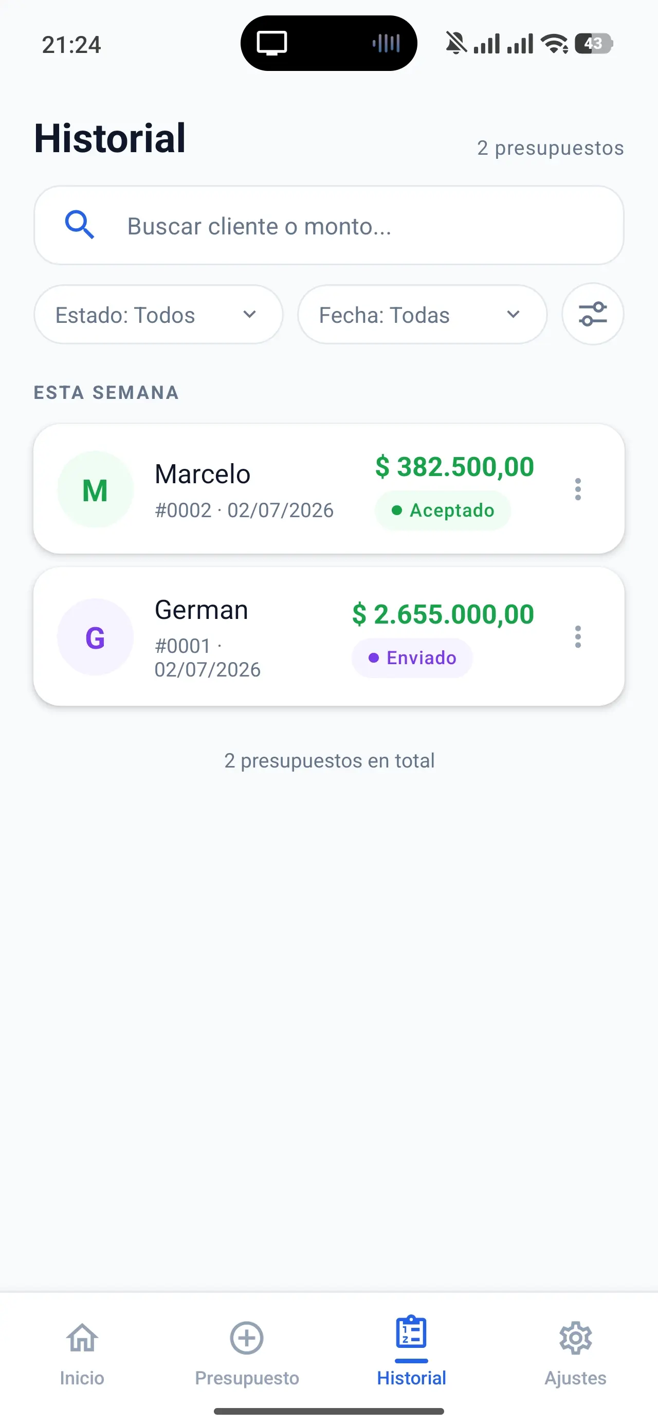 Historial de presupuestos enviados en PresuFácil